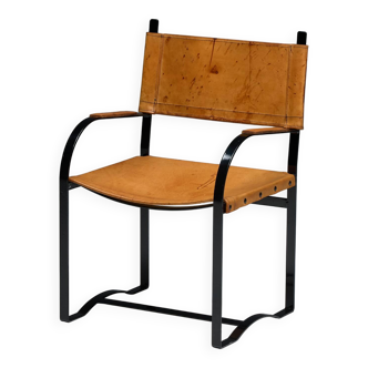 Cognac Leather Armchair, Black Lacquer Steel Frame, Belgium, 1960s