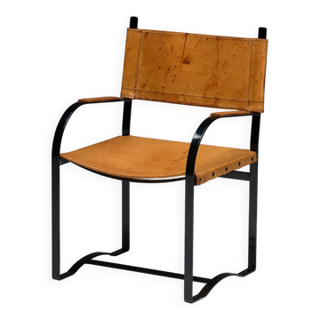 Cognac Leather Armchair, Black Lacquer Steel Frame, Belgium, 1960s