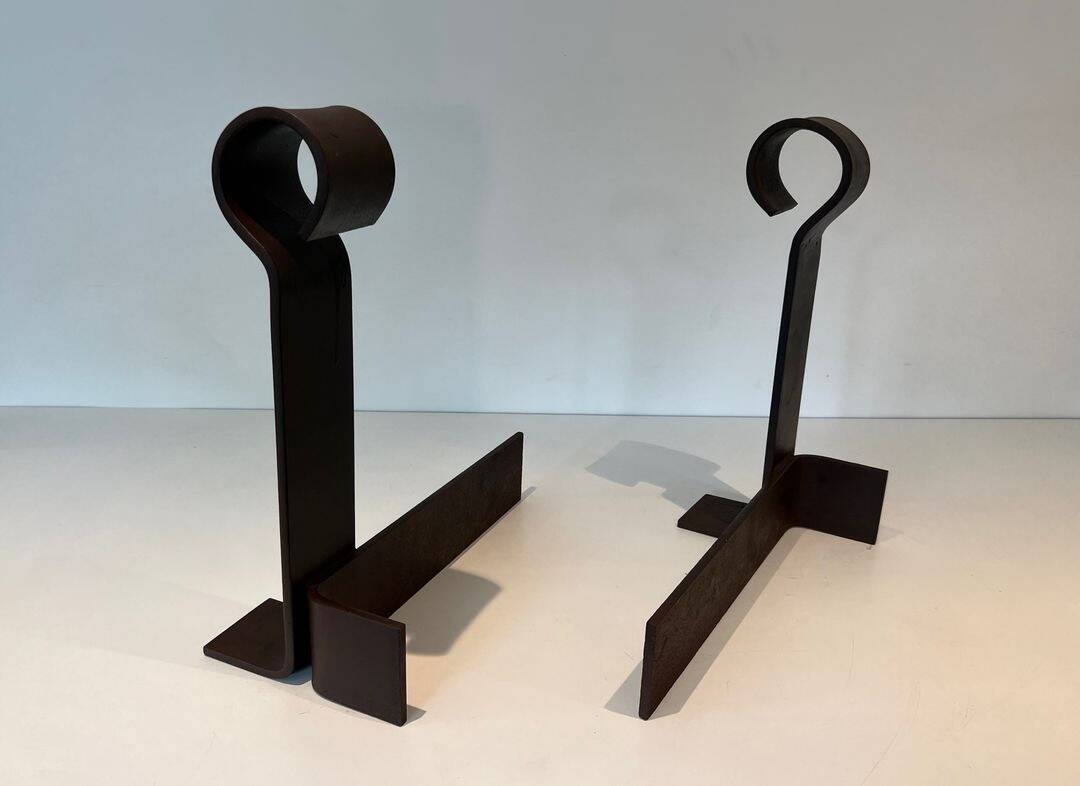 Important Pair of Modernist Wrought Iron Andirons with Ring Finials