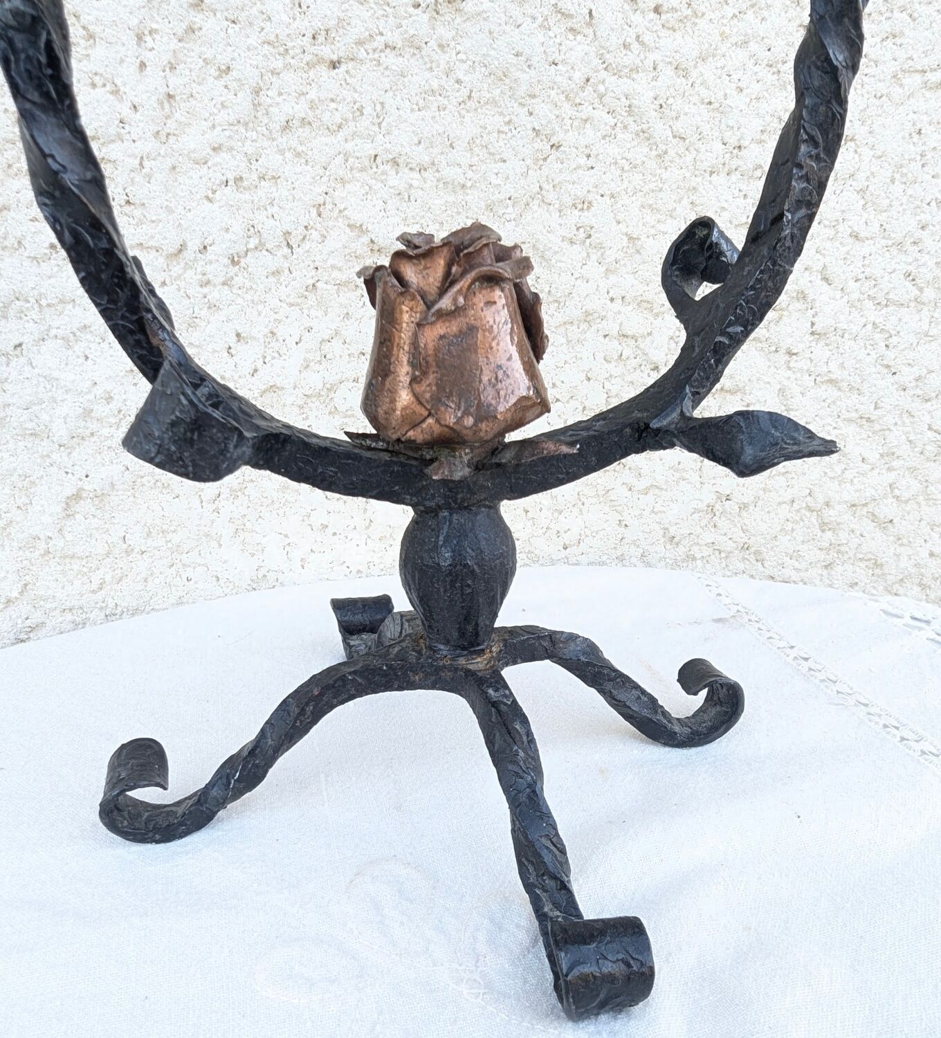 Brutalist Antique Wrought Iron Chandelier Floral Naturalist Candle Holder