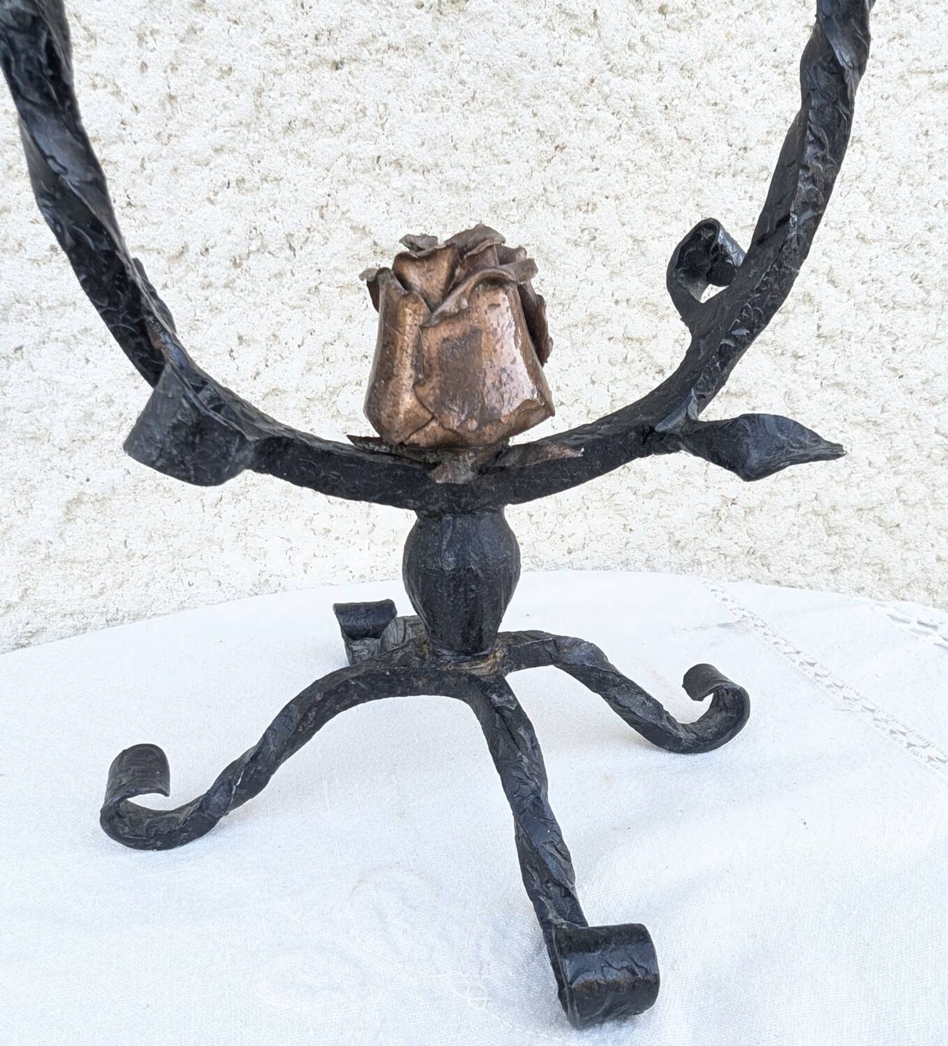 Brutalist Antique Wrought Iron Chandelier Floral Naturalist Candle Holder