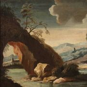 Peinture ancienne de paysage avec personnages du XVIIIe siècle