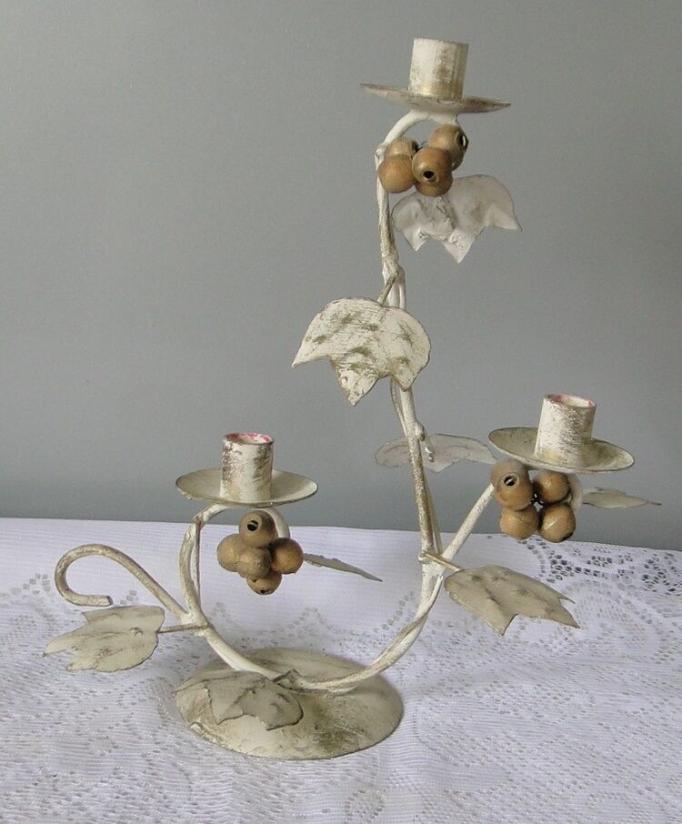 Candlestick for 3 candles, aged whitewashed metal, shabby chic