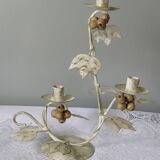 Candlestick for 3 candles, aged whitewashed metal, shabby chic