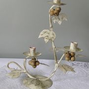 Candlestick for 3 candles, aged whitewashed metal, shabby chic