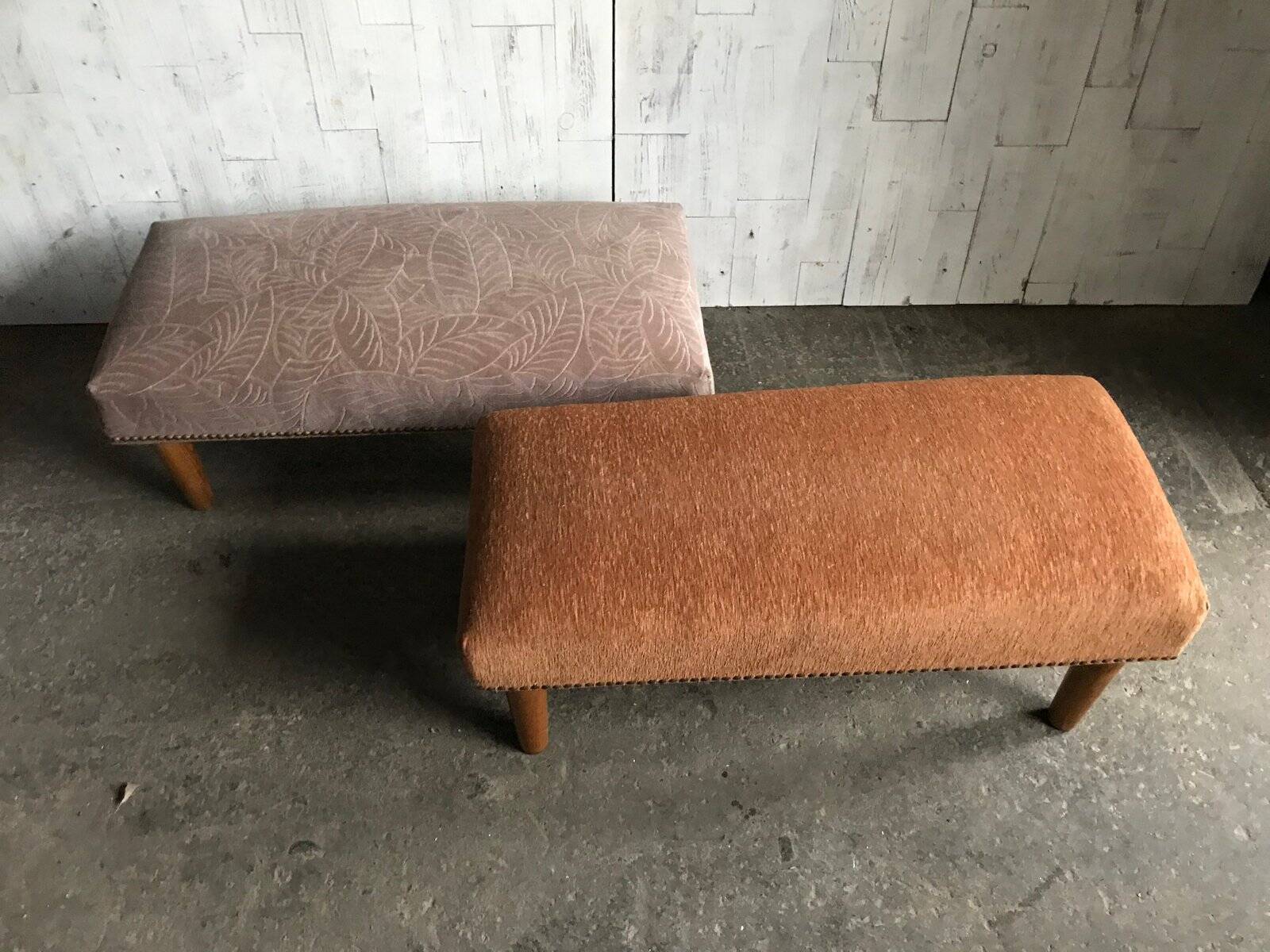 Pair of brown and white solid beech ottomans with contrasting fabrics - 1960s