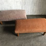 Pair of brown and white solid beech ottomans with contrasting fabrics - 1960s