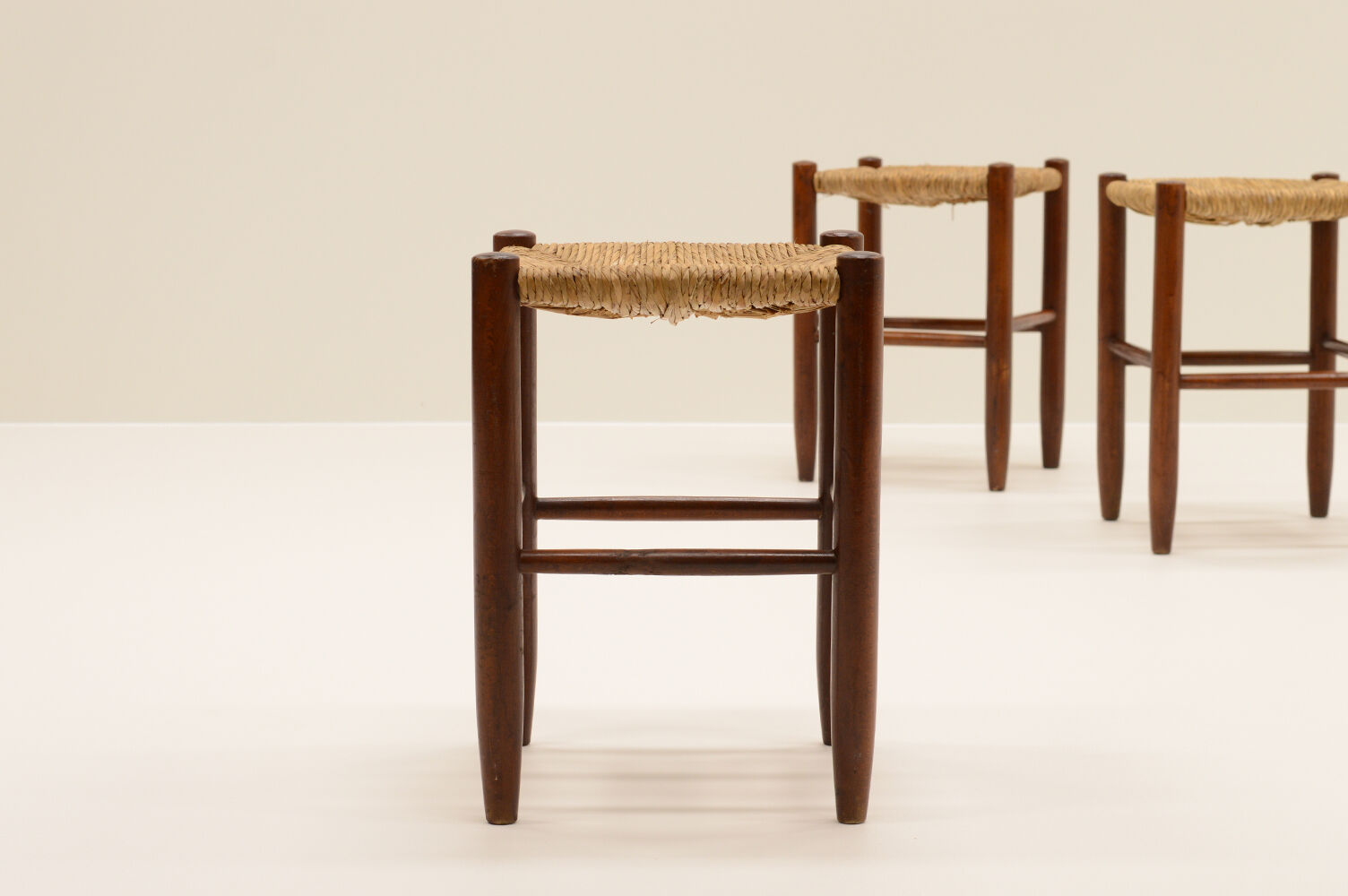 Set of 3 brutalist rush stools, French 70s.