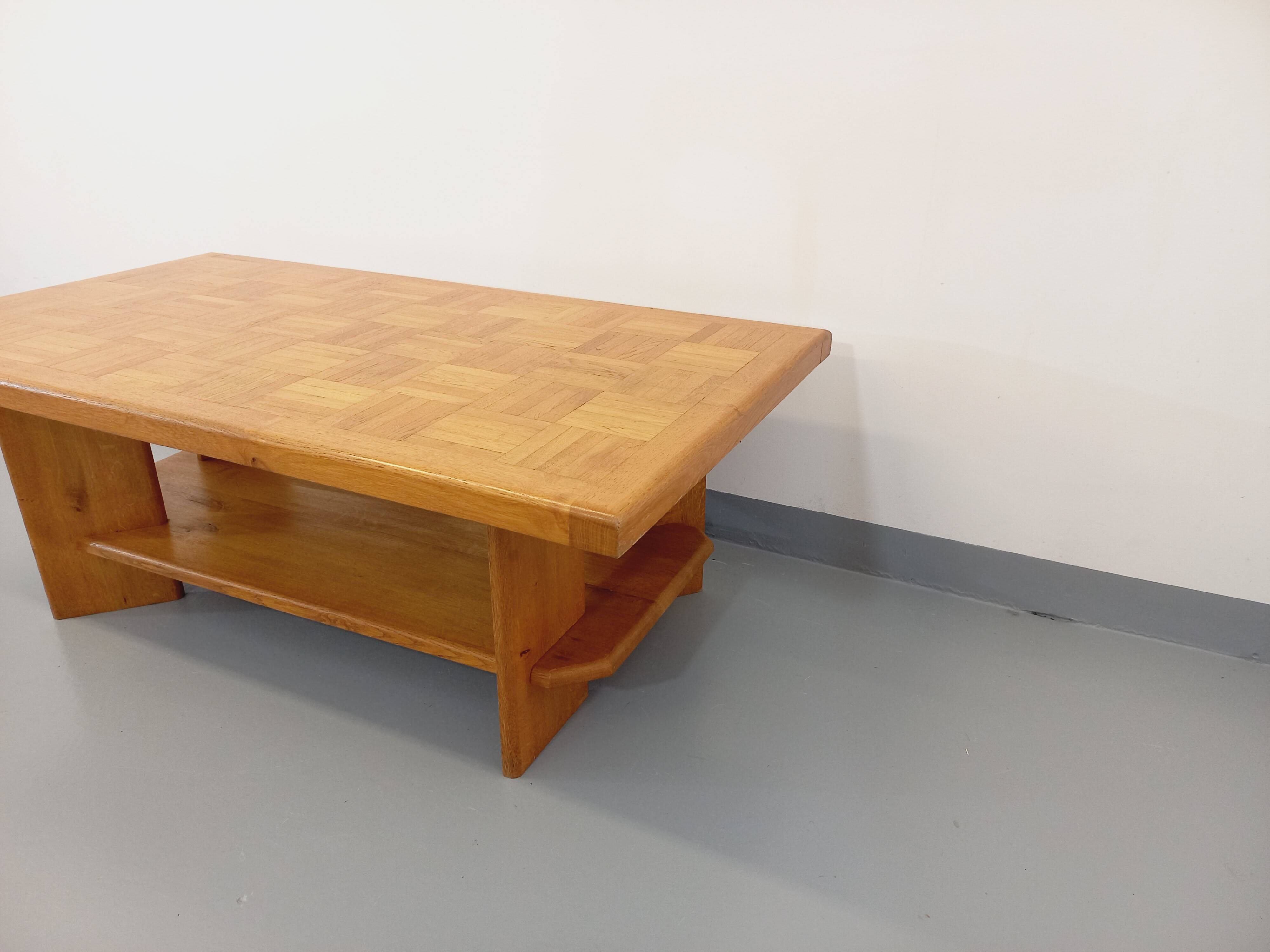 Vintage solid oak coffee table from the 70s 80s Perriand Regain Chapo style