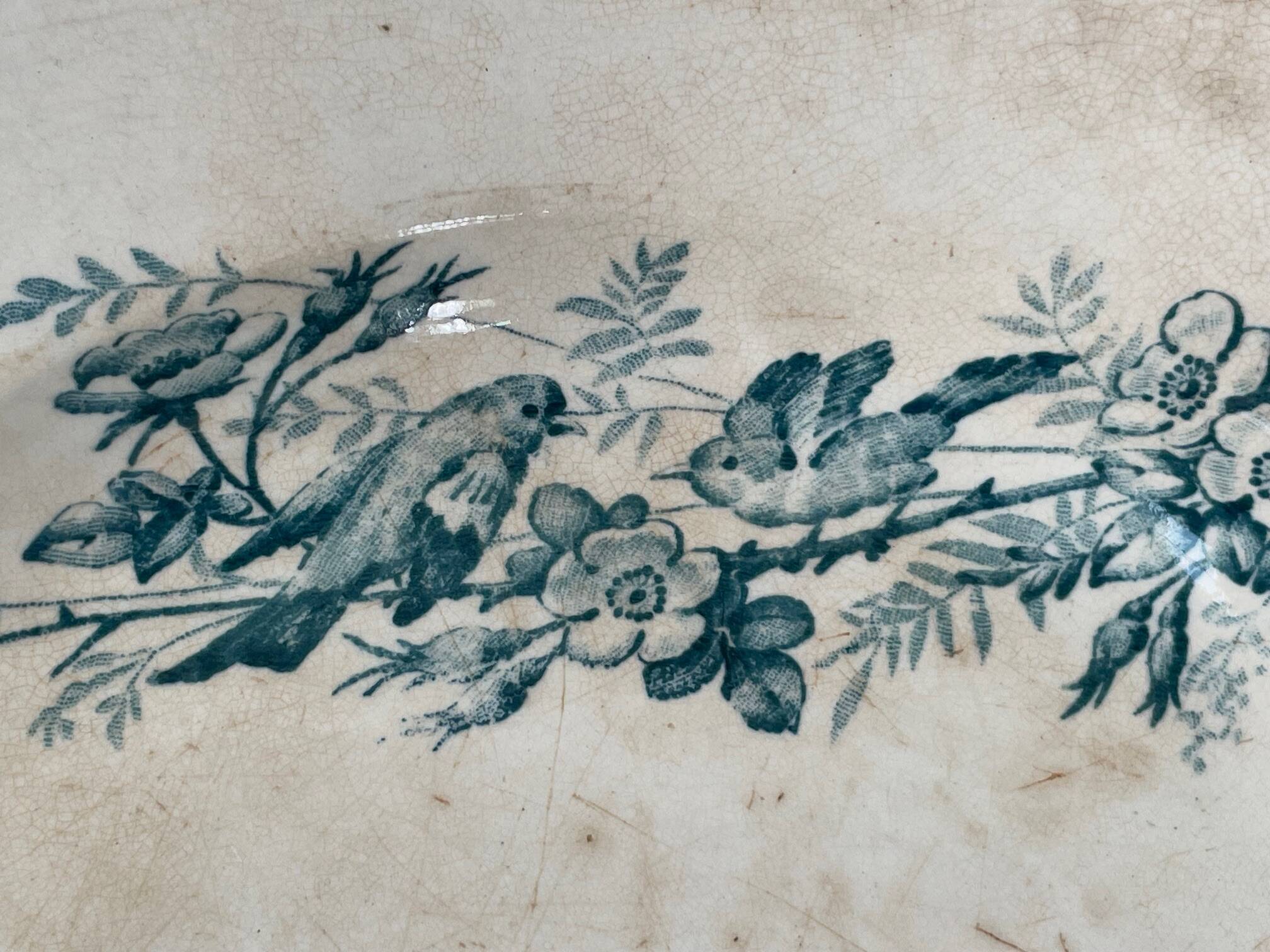 Large ironstone dish "with a basket of flowers" 132 bd magenta