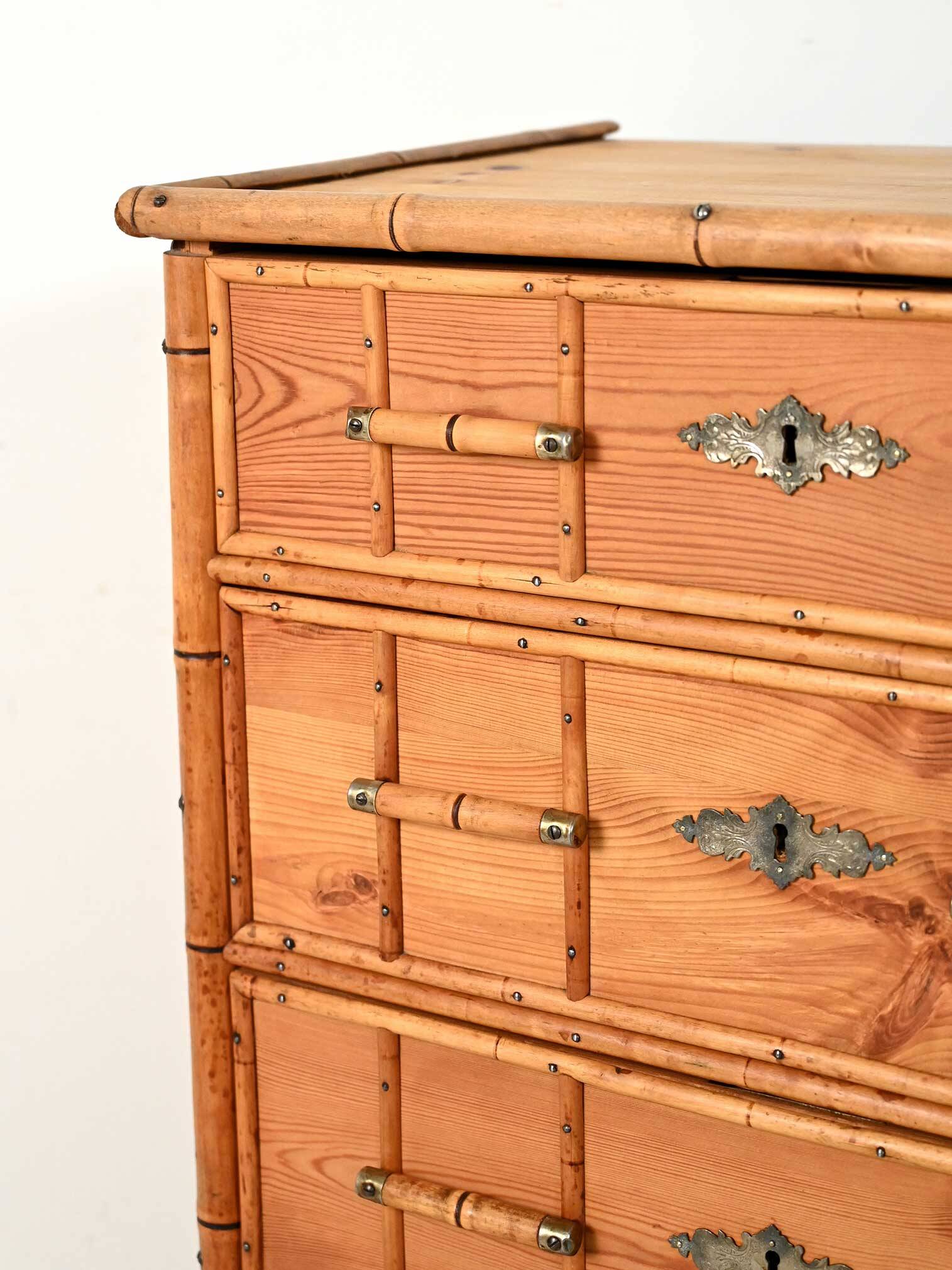 Scandinavian Colonial-Style Chest of Drawers in Pine and Bamboo