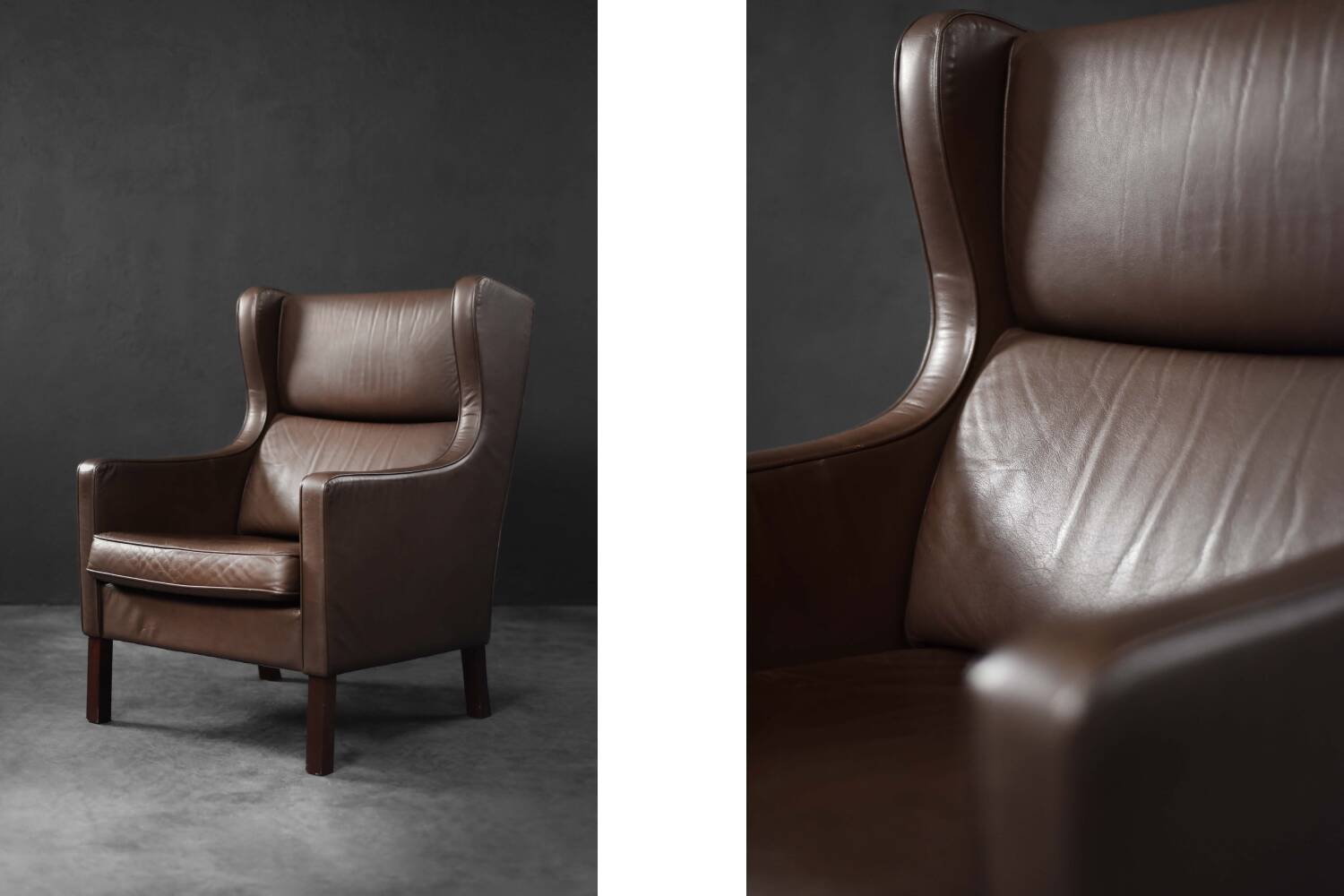 Brown leather wingback chair in mid-century modern Danish style, 1960s.