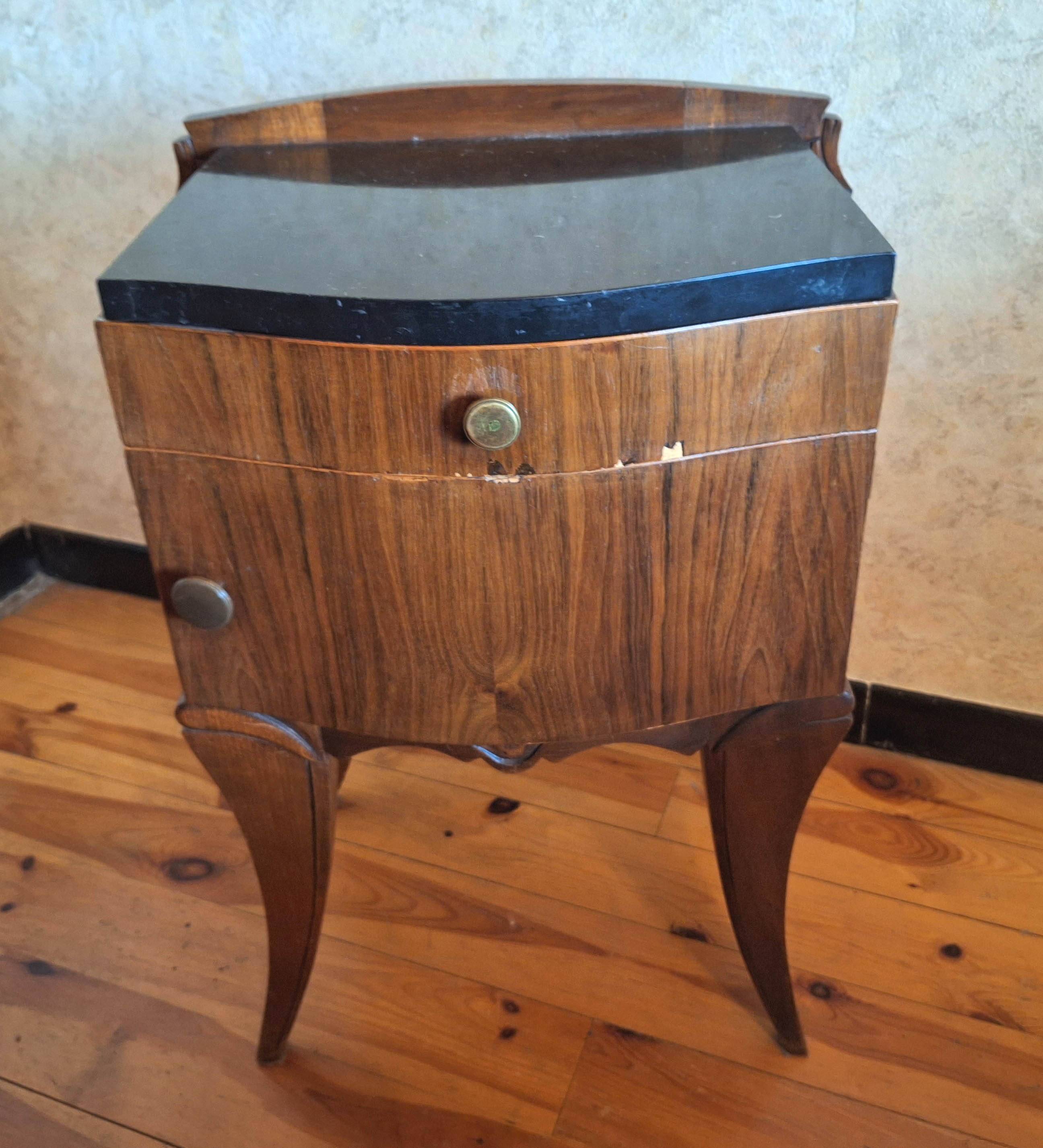 Black marble and burl walnut bedside table