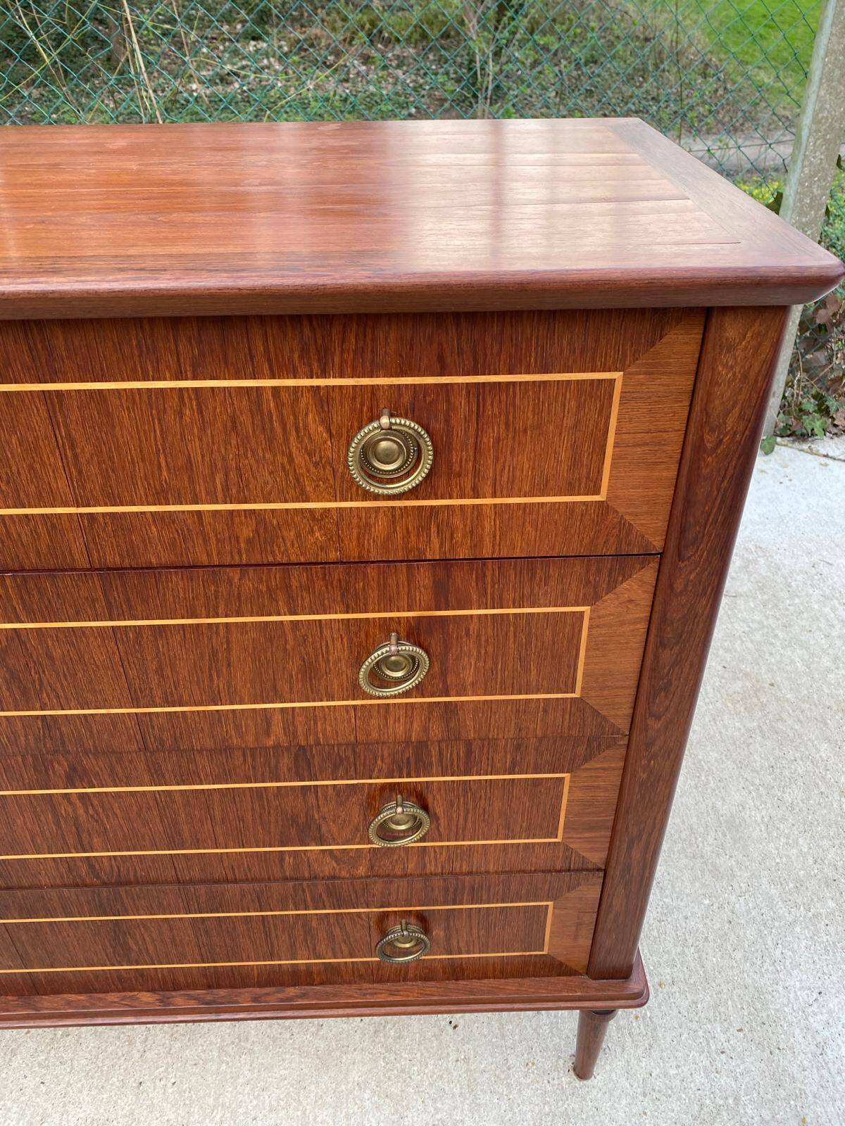 Louis XVI Empire style chest of drawers in solid teak wood with 4 drawers