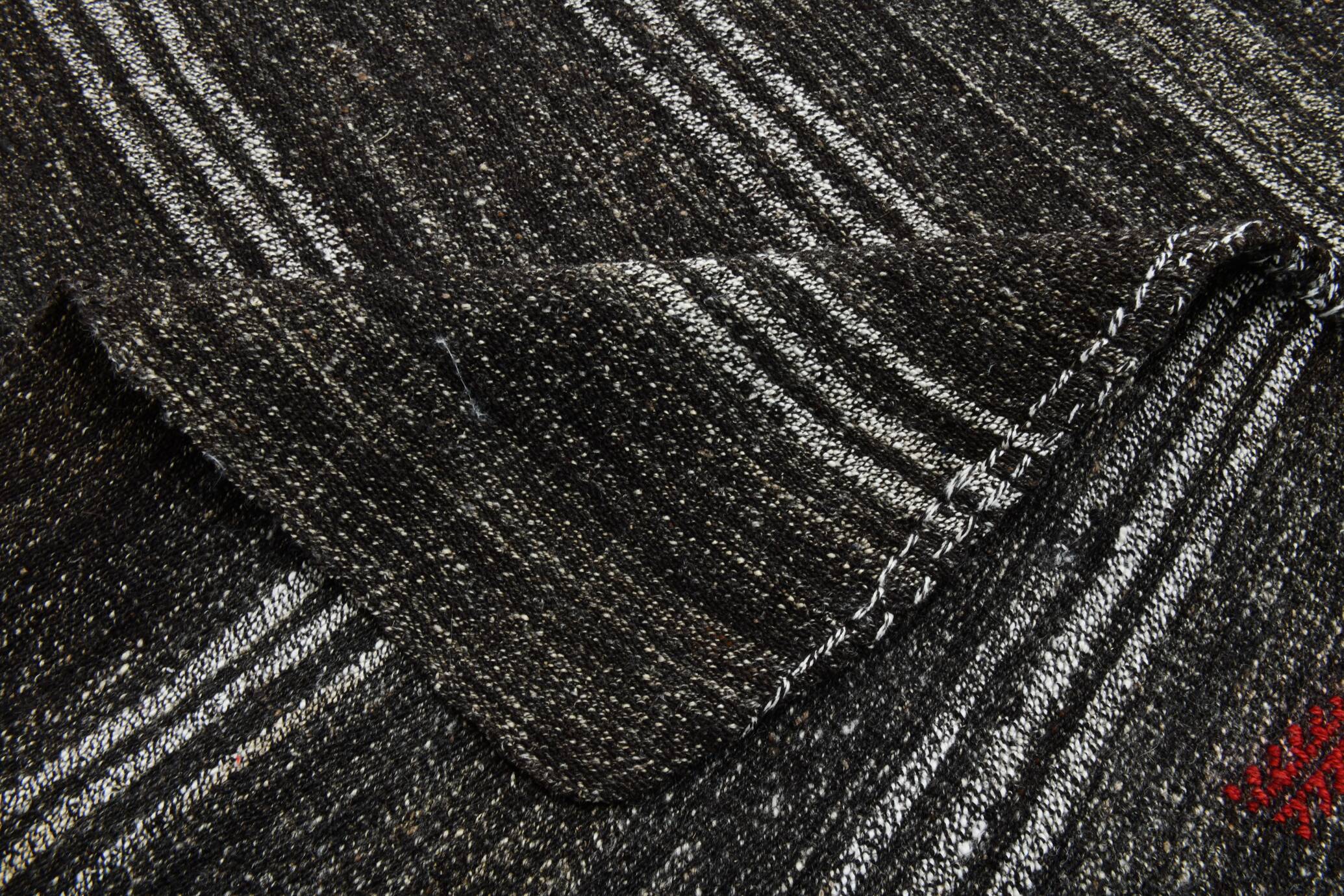 Charcoal Grey Striped Minimal Turkish Kilim Rug, 202x244 Cm