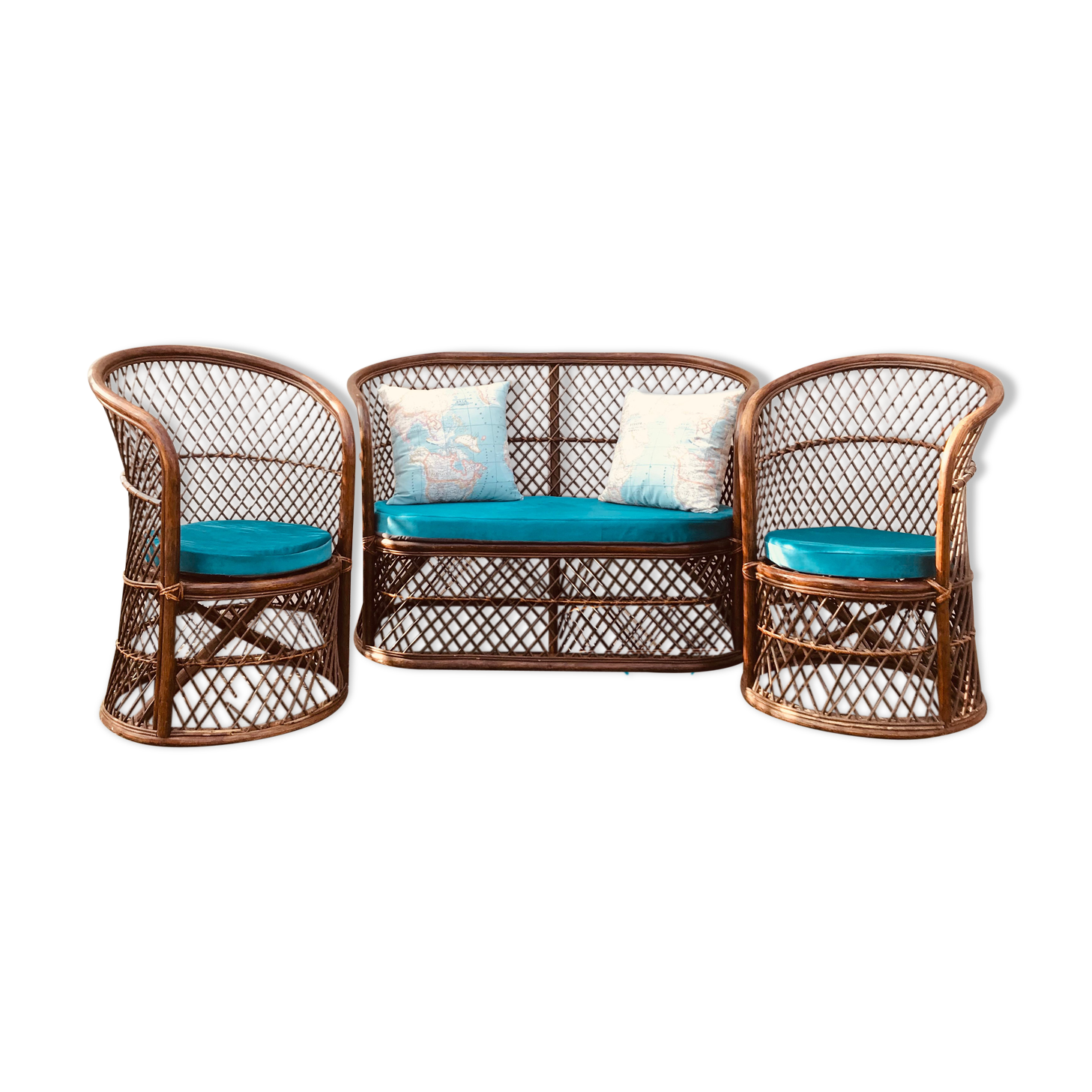 Bench and its 2 chairs in vintage rattan 1970