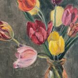 Tableau peinture ancienne huile sur panneau bouquet de fleurs tulipes