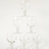 Set of 6 small wine glasses with intricately carved stems in engraved crystal, Art Nouveau