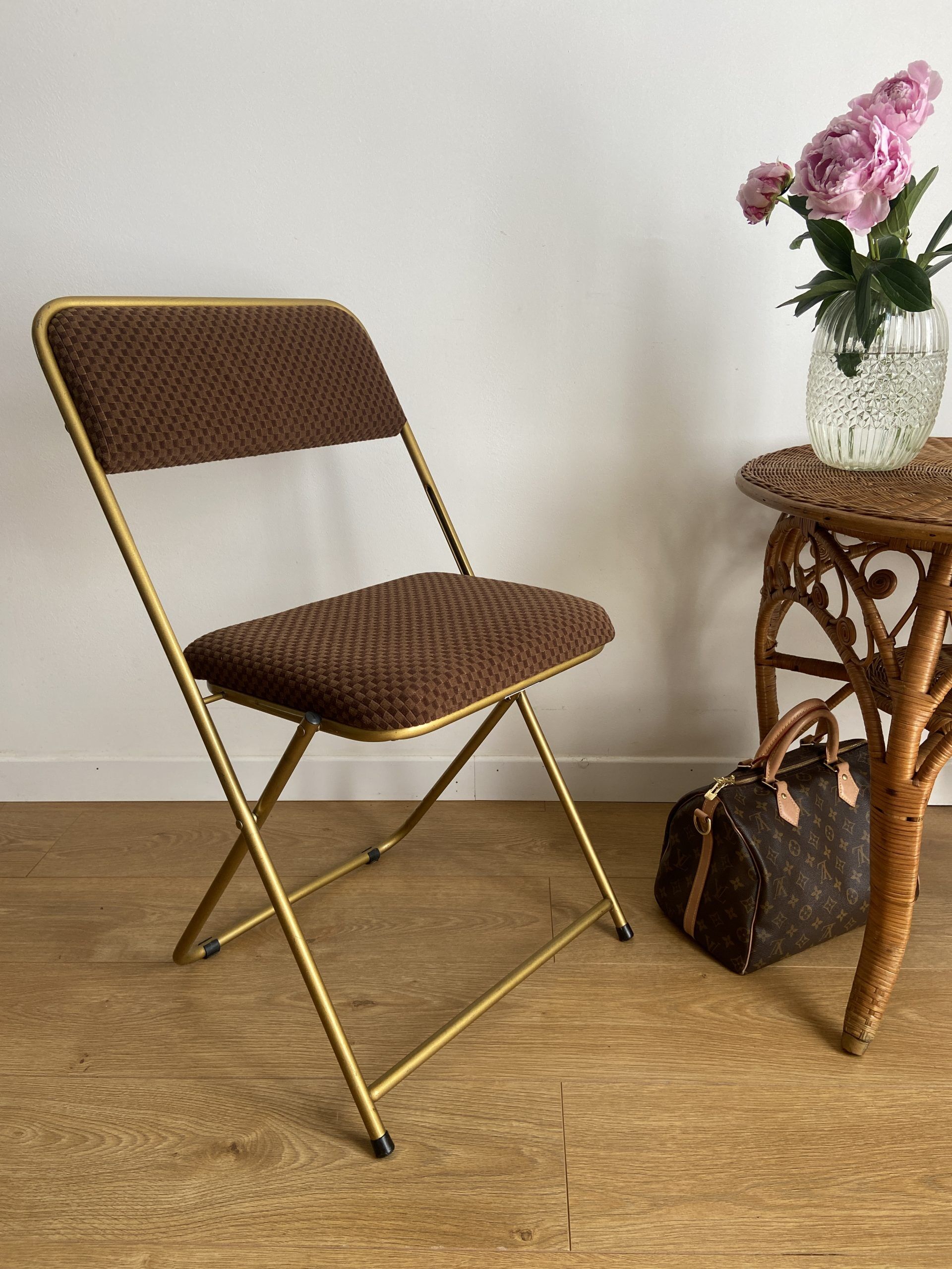 Vintage folding chair lafuma with brown checkered fabric