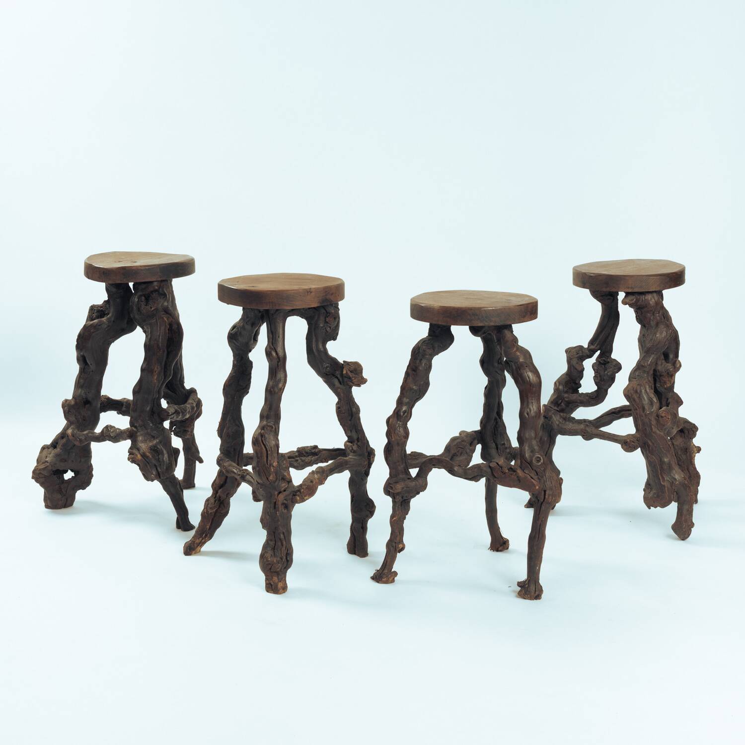 4 Tripod Bar Stools in Vine Wood and Oak, Handmade, France, 1950s