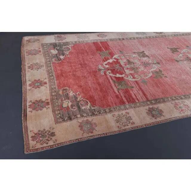 Vintage Turkish Oushak handmade pink cotton wool runner rug 163x370