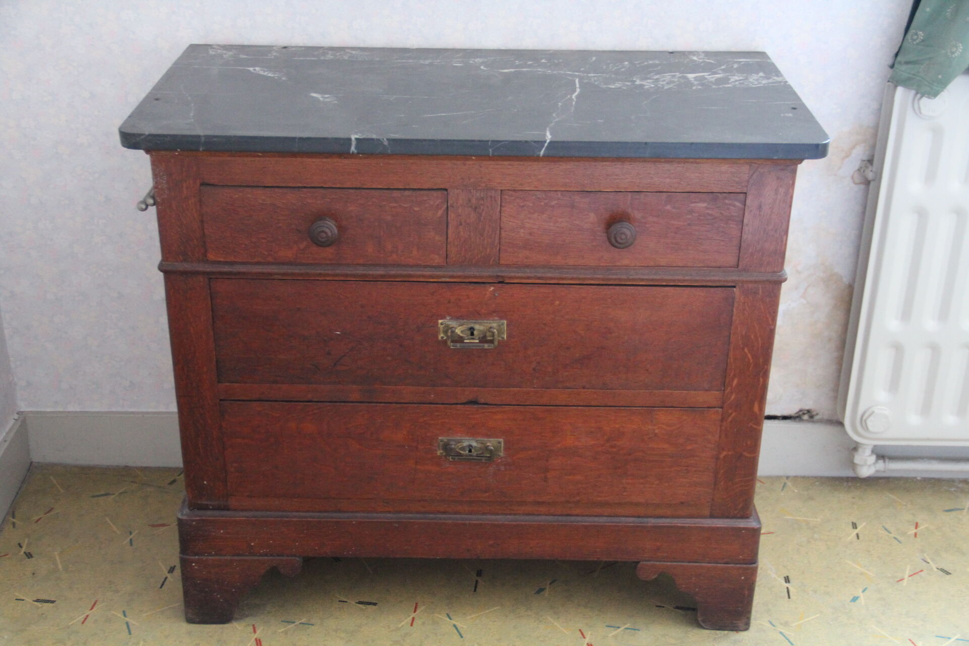 Louis Philippe chest of drawers in dark oak and black marble