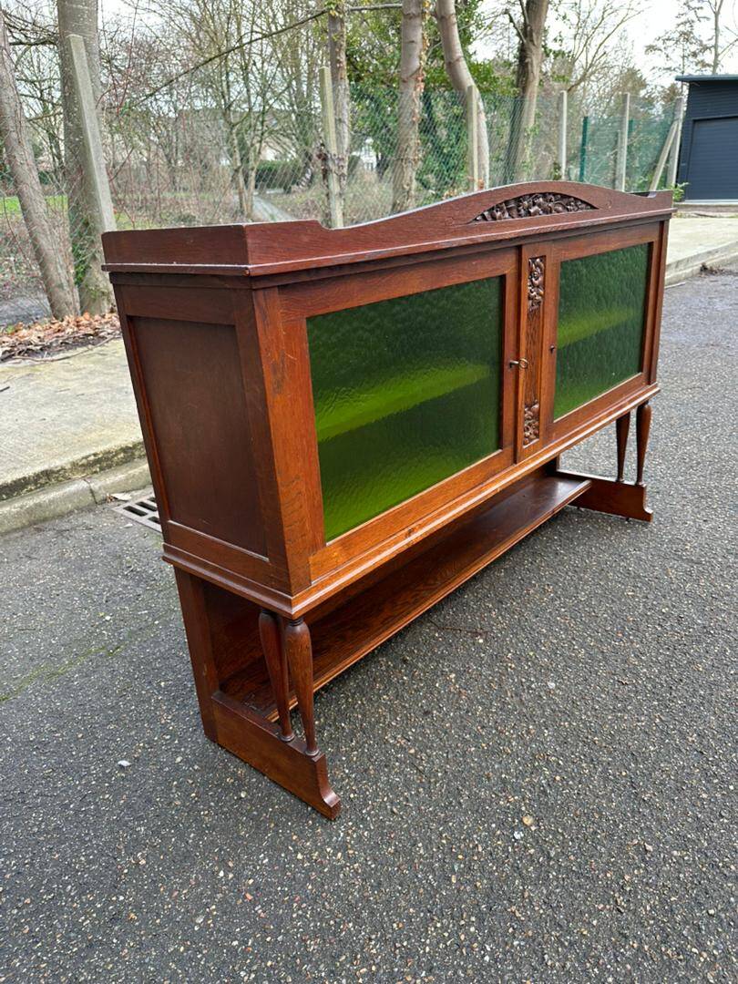 Art Deco sideboard in solid oak and frosted green glass, 1940.