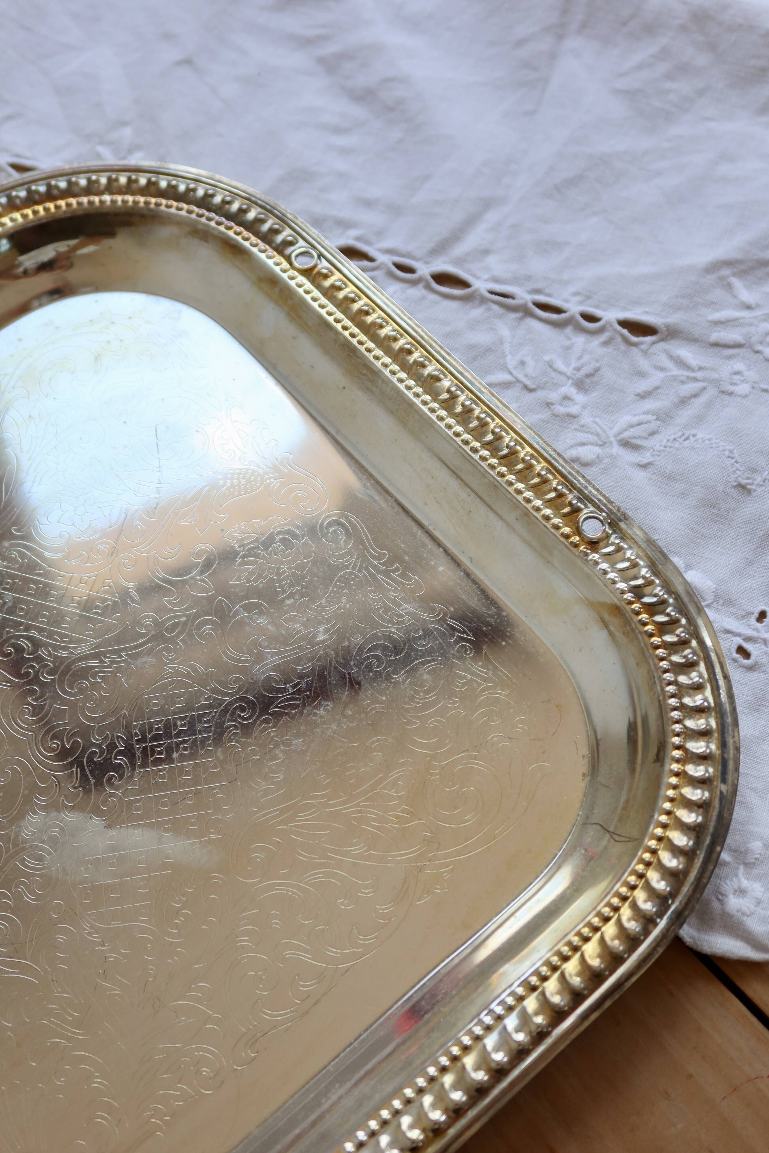 Vintage silver-plated rectangular serving tray – Engraved decoration