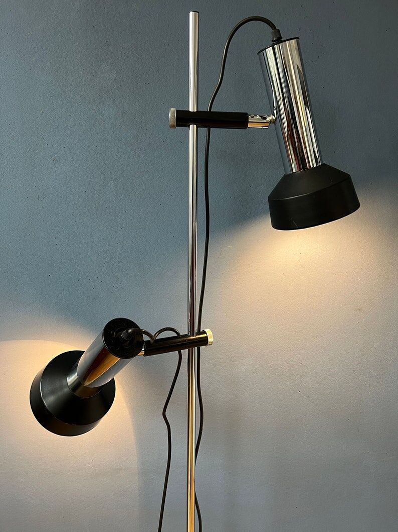 Mid-century floor lamp with two black/chrome spotlights