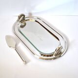 Vintage silver-plated foie gras platter with goose head decoration and serving spatula.