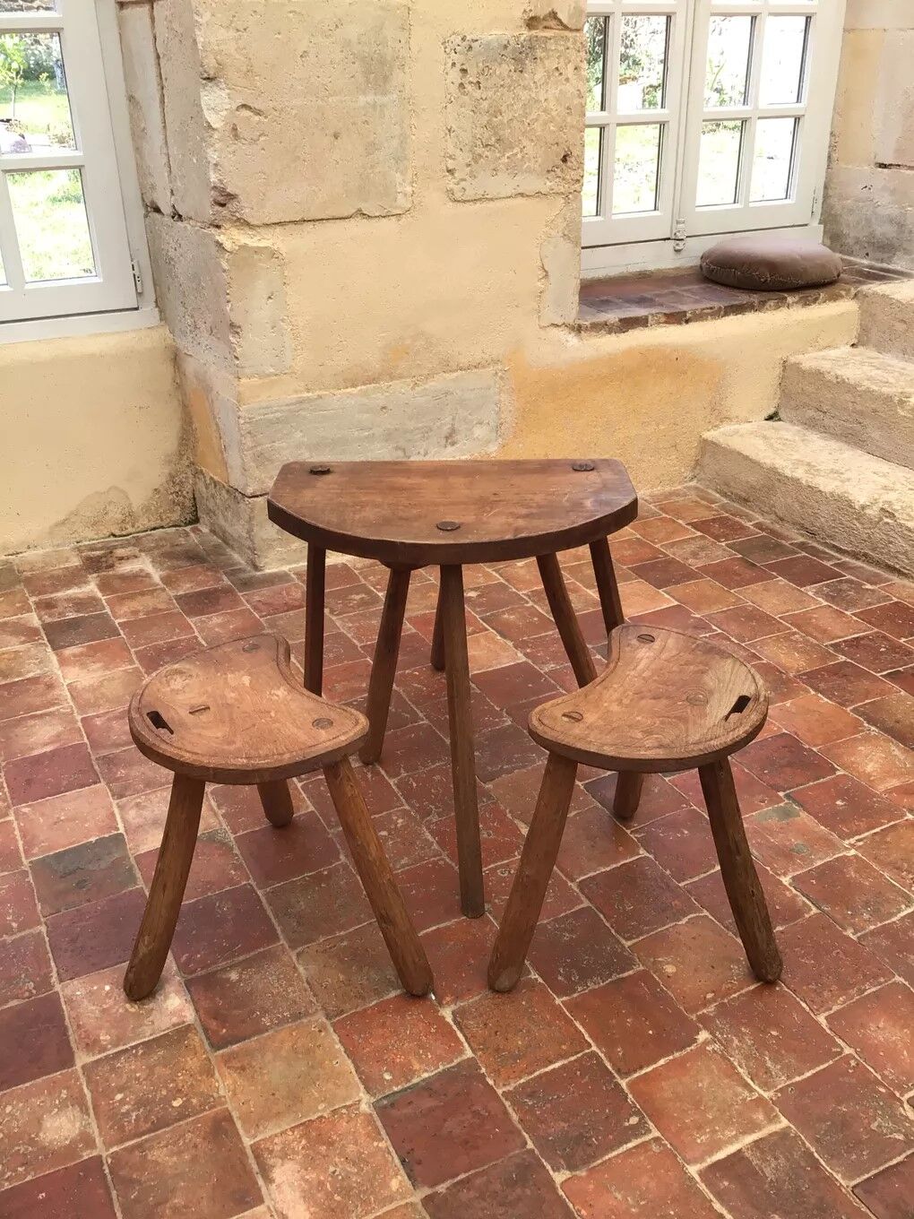 Brutalist wooden stool table set