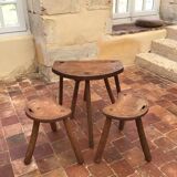 Brutalist wooden stool table set