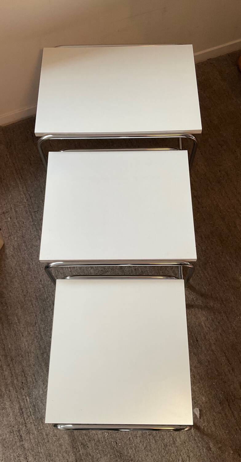 Trio of vintage nesting tables in Formica and chrome metal
