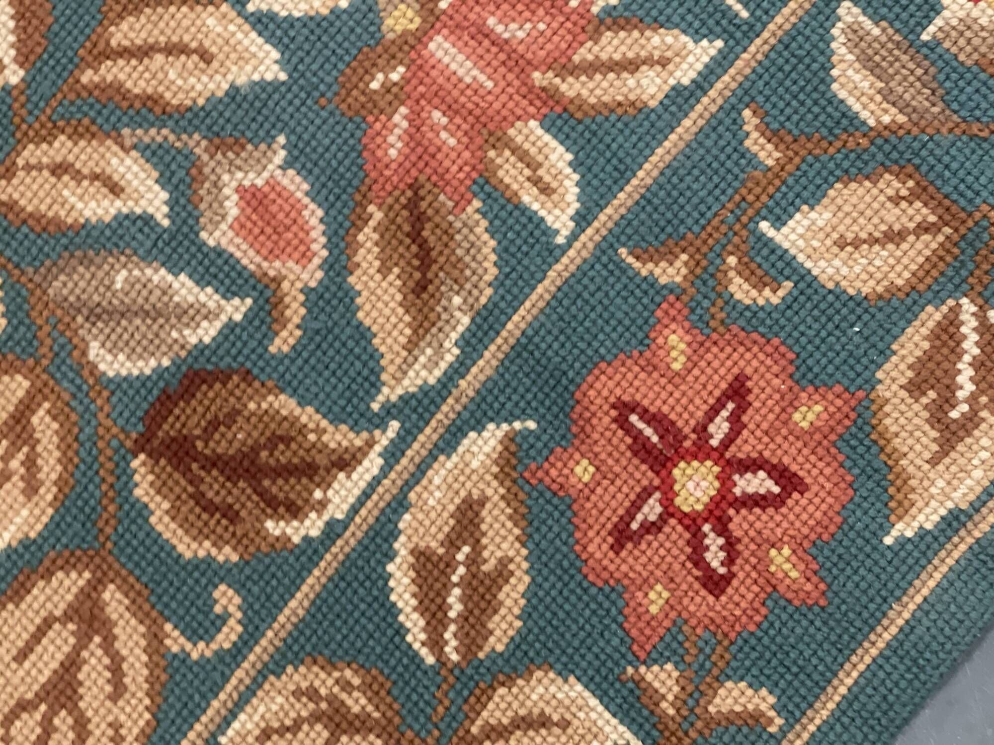 Large Floral Needlepoint Rug 217x277cm Teal Green Traditional Flatweave Carpet
