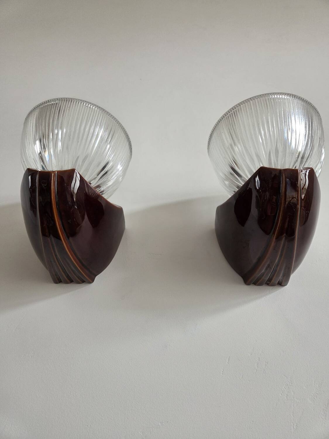 Pair of Art Deco wall lights, ceramic and holophane glass.