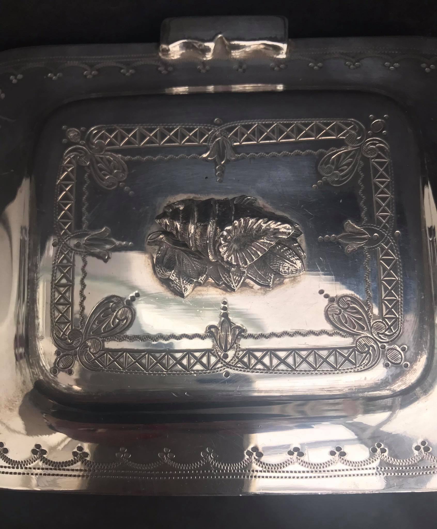 Victorian sardine box silver metal flat butter and glass insert Walker and Hall