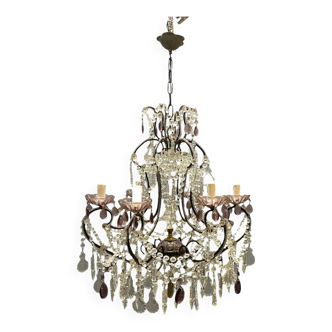 Vintage Italian Crystal Beaded Chandelier with Lilac Glass Bobeches, 1