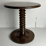 Brutalist Wood Turned Press Side Table in the style of Charles Dudouyt