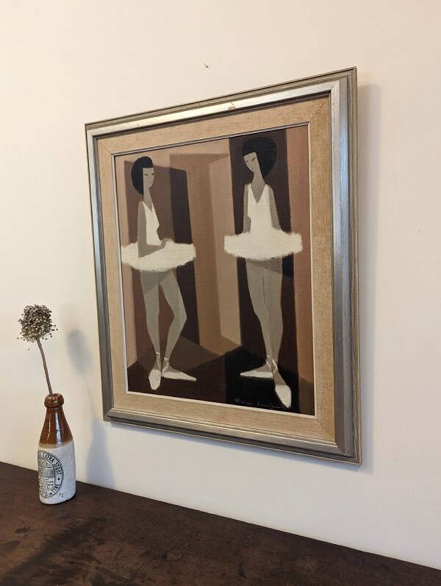Mid-Century Modern Swedish "Modernist Ballerinas" Vintage Figurative Oil Painting by Fabian Lundqvis