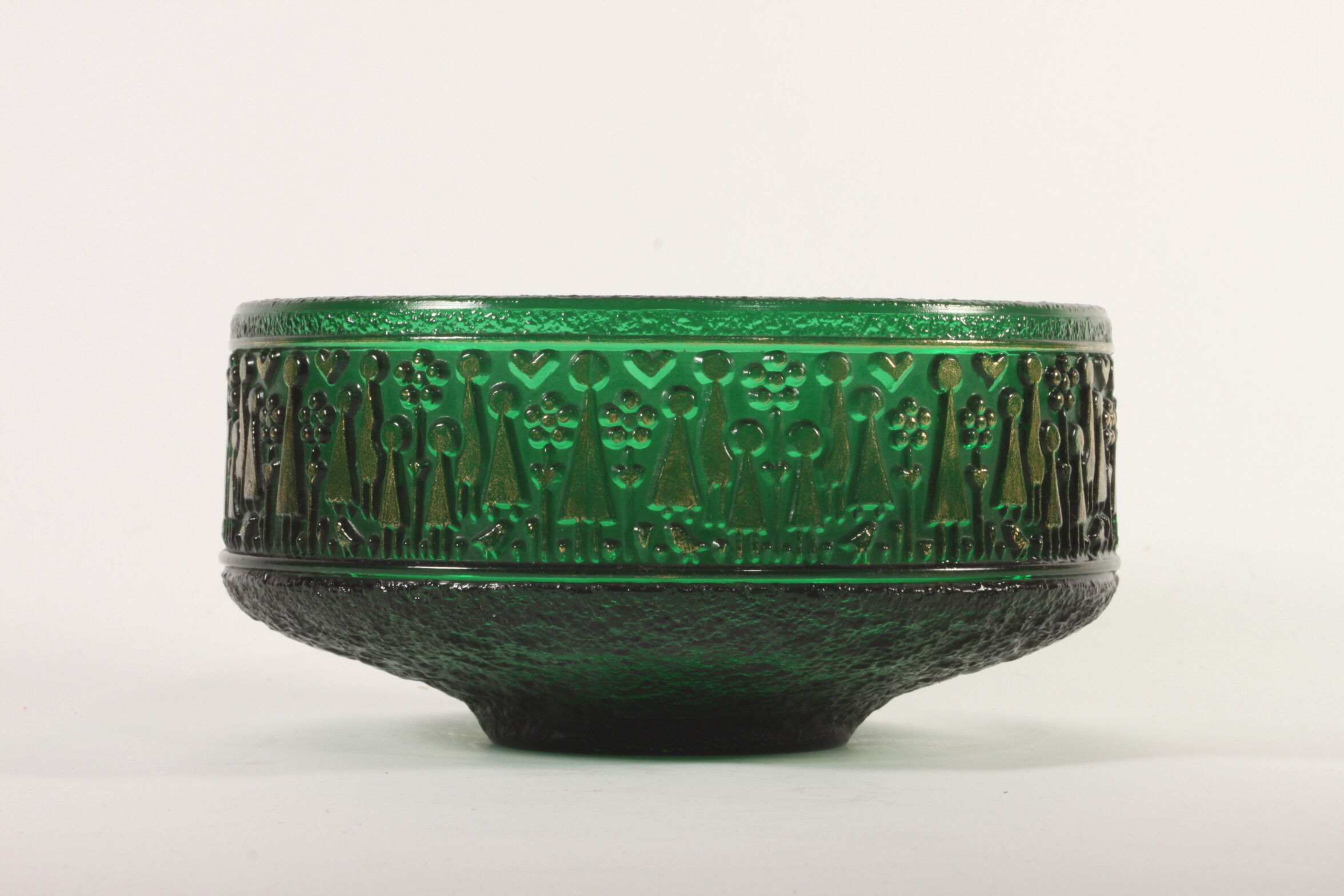 Bol de figurines dorées en verre vert par Walther glass, Allemagne années 1970.