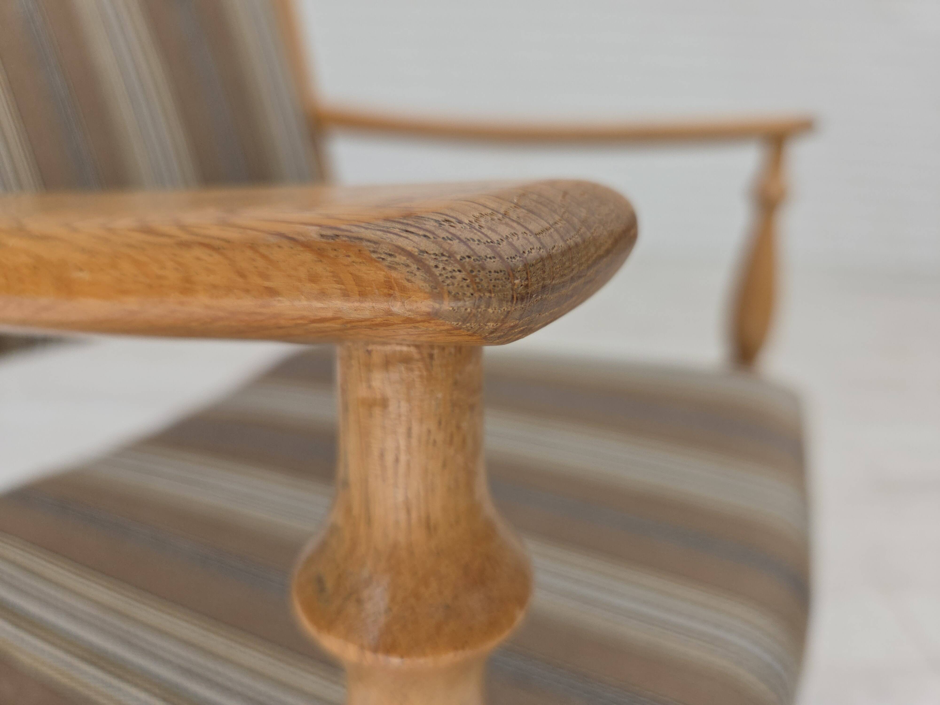 1970s, pair of Scandinavian armchairs, furniture wool, solid oak wood.