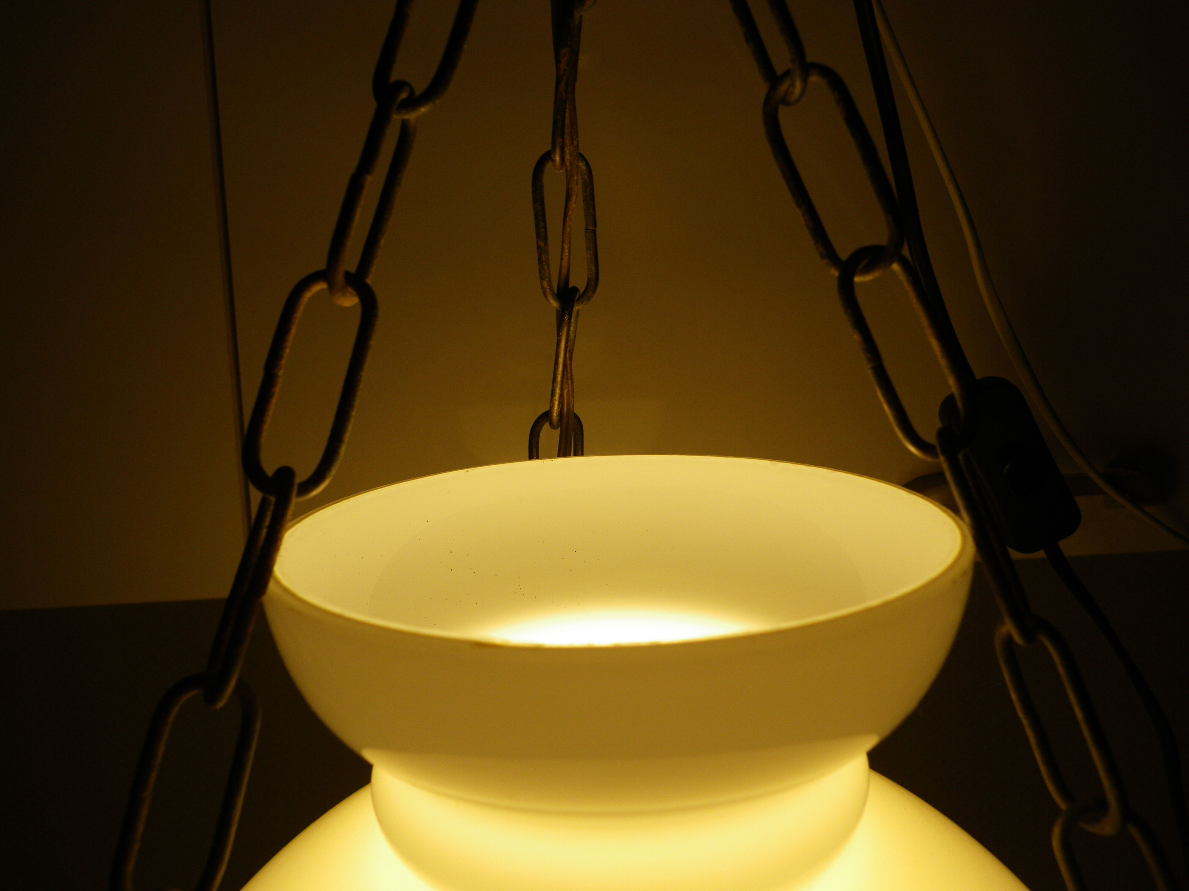 Hanging lamp of the 1950s, white opaline shade and porcelain decoration