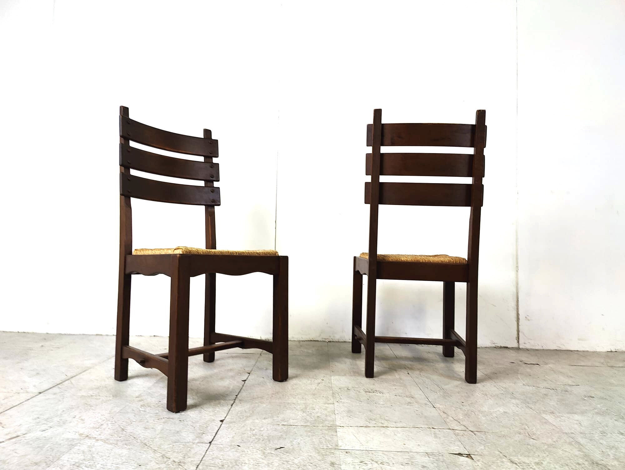 Vintage oak and wicker brutalist dining chairs, 1960s