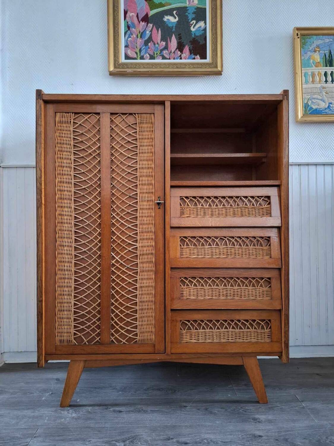 Vintage rattan cabinet with compass feet, old wicker chest of drawers