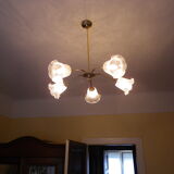 Gilded metal chandelier, 5 branches, opaque glass cupola - 60s/70s