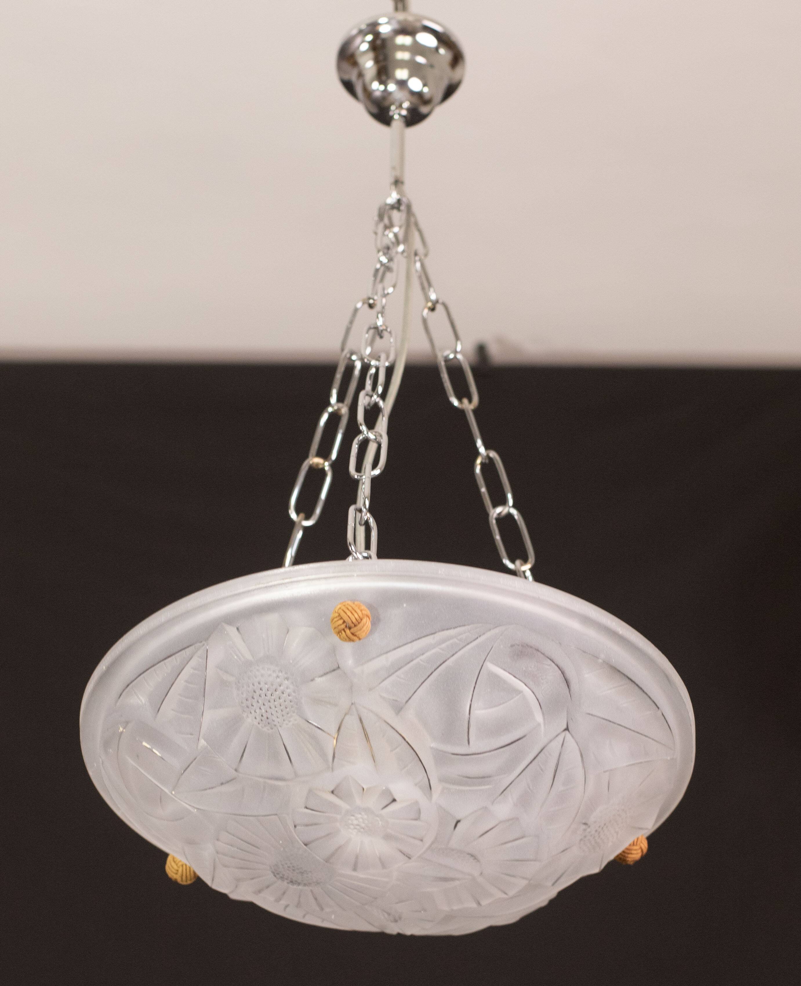 Art Deco Top Quality Pendant Light Floral decorations, Signed Degué