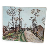 Canvas on village scene frame signed vintage Denise