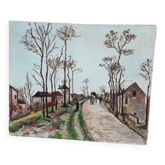 Canvas on village scene frame signed vintage Denise