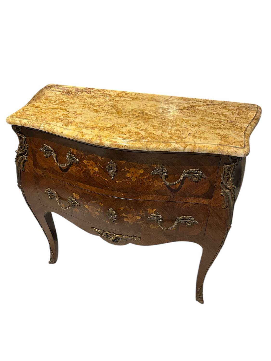 Curved chest of drawers with marquetry and marble
