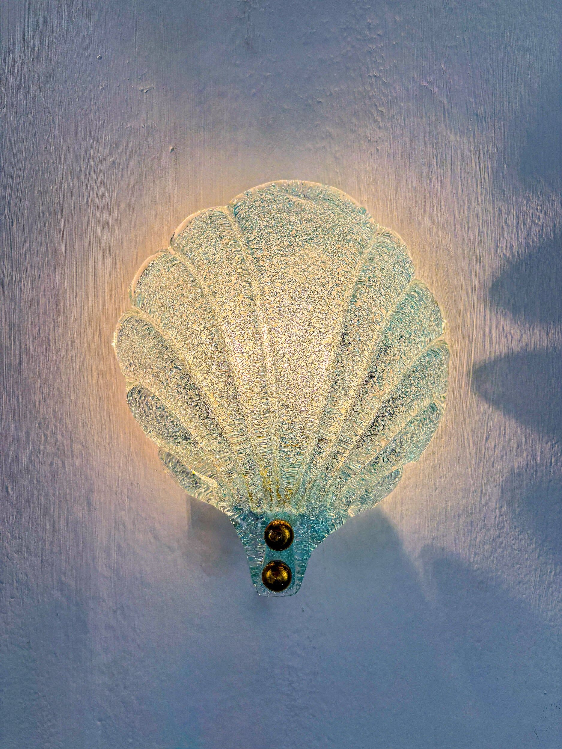 Pair of shell-shaped frosted blue Murano glass wall sconces, Italy, 1970s